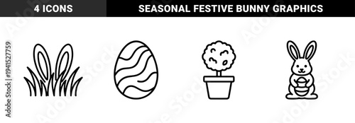 Easter holiday celebration elements featuring cute bunny characters and decorated eggs. Monoline aesthetic for seasonal greeting cards and spring festival branding.