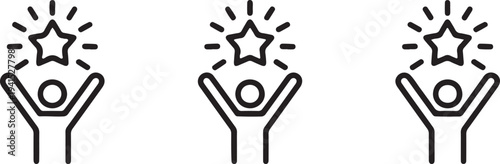 Talent Acquisition And Employee Award Outline Icon Three Stars Above Person Hands Raised Thin Line Vector Pictogram For Web App