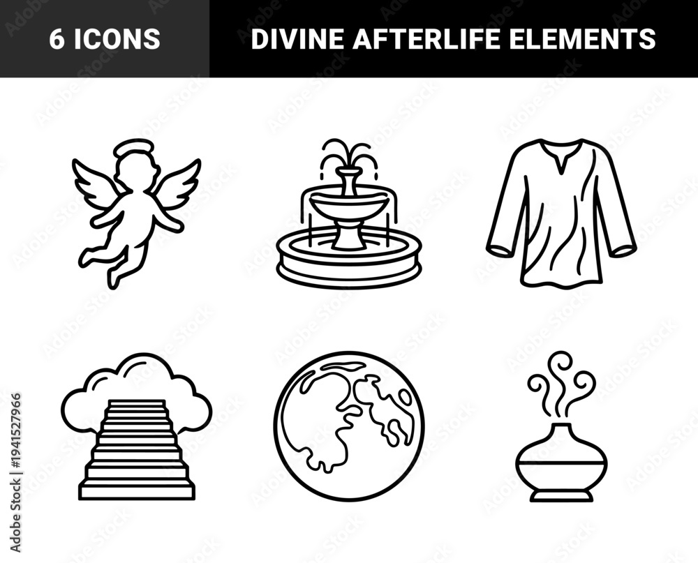 Obraz premium Heavenly and spiritual afterlife symbols for religious education and faith-based branding. Bold monoline pictograms featuring angelic figures and divine pathway concepts.
