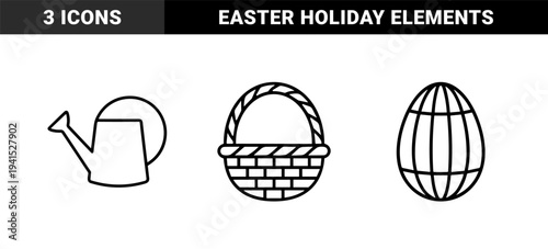Spring gardening and Easter celebration elements featuring a wicker basket, watering can, and decorated egg in a bold monoline aesthetic.