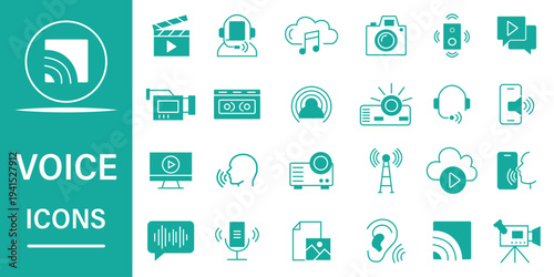 Voice web solid icons set. Voice recognition, message, audio, speech, talking, radio, conference, and more. Editable stroke. Vector illustration.