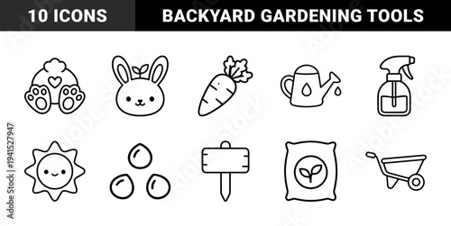 Spring gardening and rabbit farming elements for agricultural branding. Cute monoline pictograms featuring organic planting and backyard horticulture concepts.