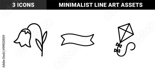 Hand drawn minimalist botanical and recreational line art elements featuring a bellflower blossom, flowing ribbon banner, and diamond kite.