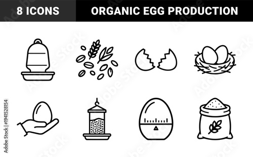 Poultry farming and organic egg production elements for agricultural branding. Technical monoline pictograms featuring chicken breeding and coop supplies.