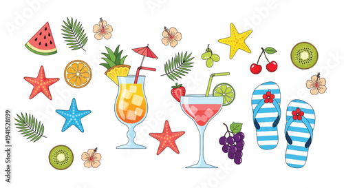Set of summer icons vector, beach and cocktail elements