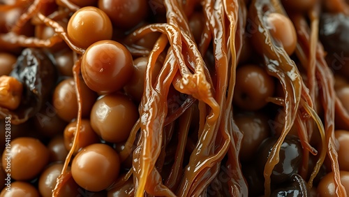 natto. Extreme close-up of fermented soybeans with glossy, stringy mucus coating. menu design, packaging mockups, designed for culinary blogs and recipe cards for restaurants.