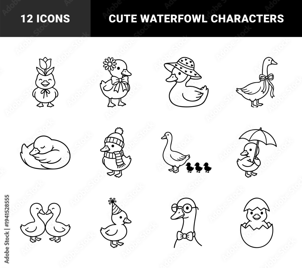 Fototapeta premium Cute duckling and goose characters in various poses with seasonal accessories. Whimsical monoline illustrations featuring baby birds with hats, umbrellas, and flowers.