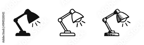 Desk Lamp Icons Set. Adjustable table lamp symbol in solid, outline, and hand-drawn styles. Workspace lighting.
