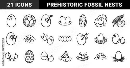 Prehistoric dinosaur egg and paleontology research elements. Minimalist monoline pictograms featuring fossilized nests, hatching reptiles, and archaeological discoveries.
