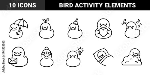 Cute rubber duck character expressions and daily activities. Minimalist monoline duckling mascot featuring emotions, weather, and bedtime routines for nursery branding.