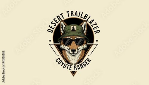 Coyote Wearing Sunglasses and Military Cap Logo.