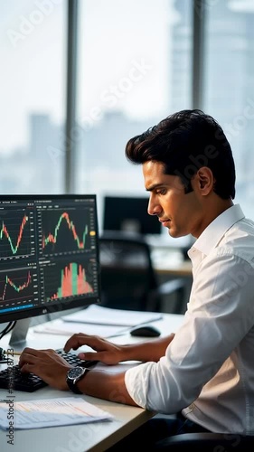 Indian man analyzing stock market graphs on computer in office