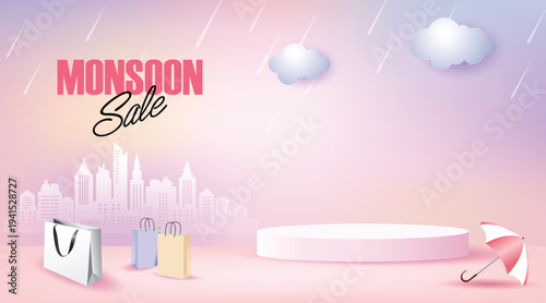 Monsoon sale banner with shopping bags, umbrella and product display podium on pastel rainy city background with clouds and falling rain. Seasonal retail promotion template with copy space.
