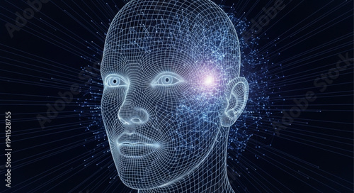 Digital Human Head Made of Data Particles.