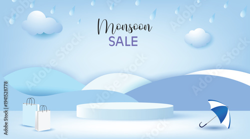 Minimal monsoon sale banner with blue podium stage, umbrella, shopping bags, clouds and raindrops. Seasonal rainy promotion background for retail marketing, product display and online shopping ads.