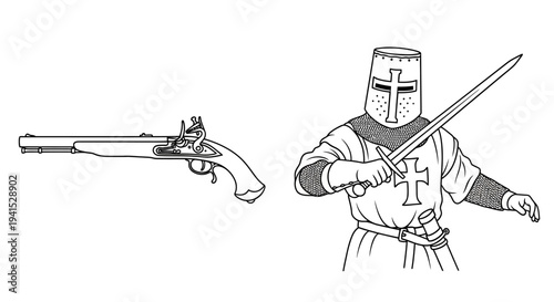 Knight with Sword and Flintlock Pistol, Historical Combat and Weaponry