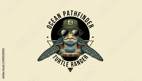 Illustration of Sea Turtle Wearing Hat and Goggles.