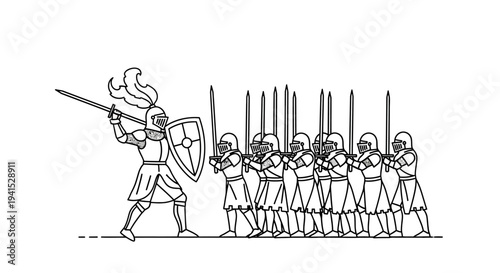 Knight with Spear and Shield Faces Army of Swordsmen in Medieval Battle Line