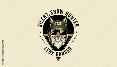 Lynx wearing camouflage hat emblem design.