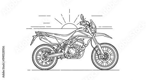 Line Art Drawing of a Dual Sport Motorcycle with Sunrise Background