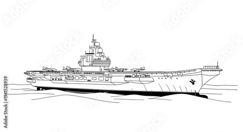 Line Art Illustration of an Aircraft Carrier Sailing on Water