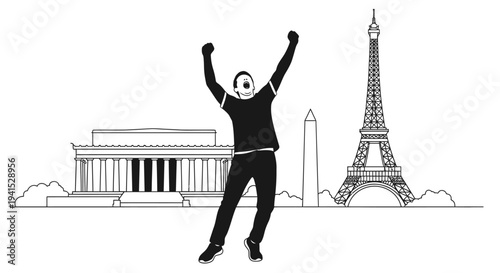 Man celebrating in front of iconic landmarks: Eiffel Tower and Lincoln Memorial