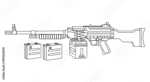 Machine Gun with Ammunition Boxes - Line Art Illustration