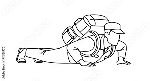Man doing push-ups with a large backpack, outdoor fitness, strength training