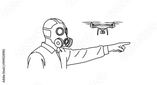 Man in gas mask pointing drone, surveillance, safety, technology, hazard, danger