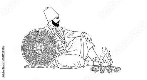Man in traditional attire sitting by a campfire with a shield, illustration