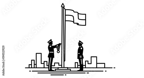 Military Ceremony: Officer Awarding Medal to Soldier with Flag and Cityscape Background