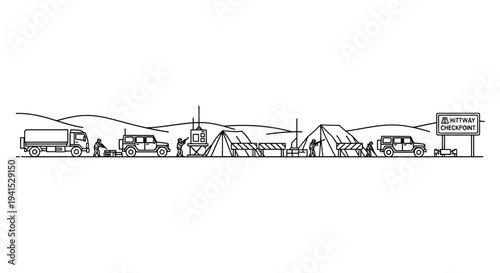 Military checkpoint in desert with tents, vehicles, and personnel