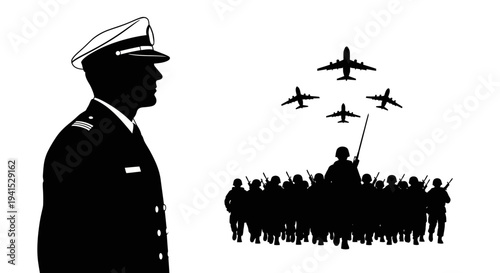 Military Leader Overseeing Air Show with Soldiers and Airplanes