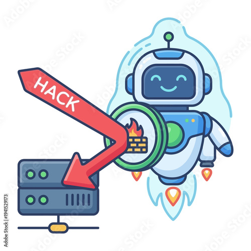 Robot hacks server with magnifying glass, cyber attack illustration from side view