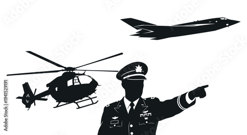 Military officer directing aircraft and helicopter, symbolizing command and control