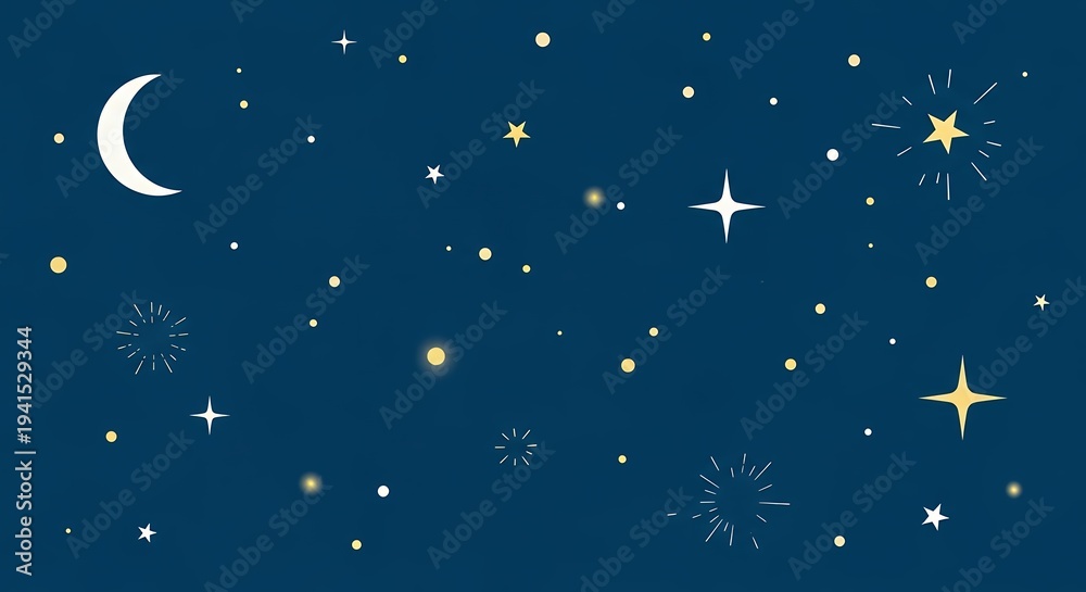 Fototapeta premium Whimsical night sky filled with a crescent moon and a dazzling array of stars and celestial sparkle effects