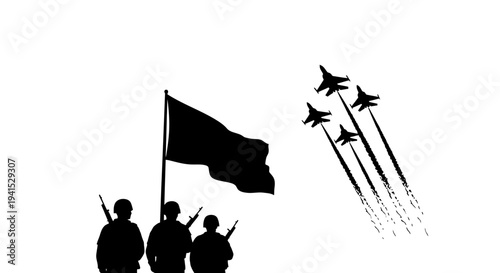 Military Parade: Soldiers, Flag, and Fighter Jets in Formation
