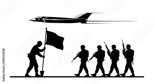 Military Parade with Fighter Jet Silhouette: Soldiers Marching with Flag and Aircraft