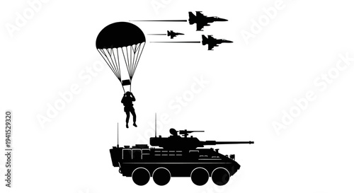 Military Paratrooper Descends Above Tank with Fighter Jets Flying Overhead