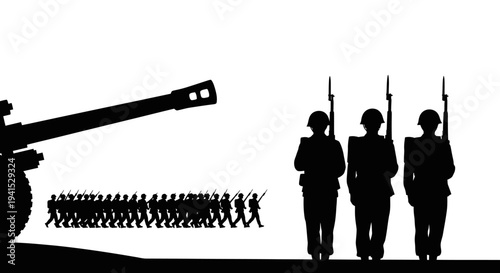 Military parade with soldiers, artillery, and marching troops in silhouette