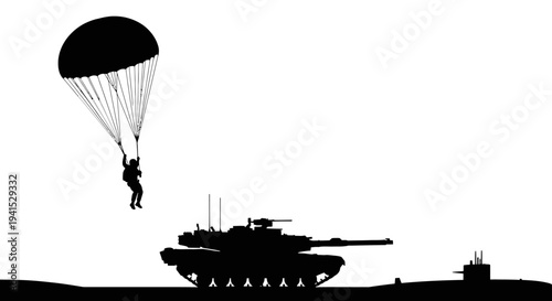 Military Paratrooper Descends Near Tank and Submarine Silhouette