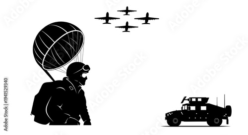 Military Paratrooper Descends Near Humvee with Fighter Jets Flying Overhead