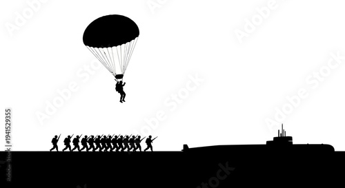 Military Paratrooper Landing Near Submarine and Soldiers Marching