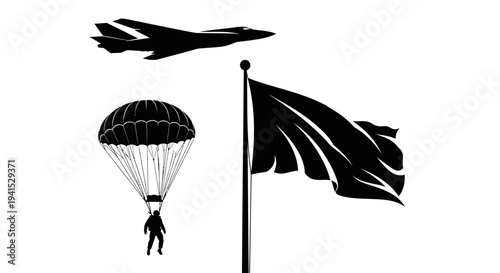 Military Paratrooper Jumps Near Jet and Waving Flag Silhouette