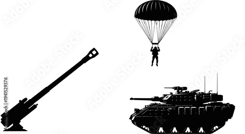 Military Paratrooper, Artillery Gun, and Tank Silhouette - Combat and Warfare Concept