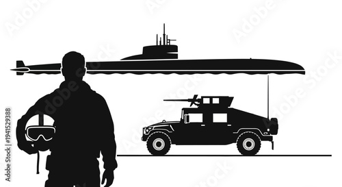 Military Pilot Silhouette with Submarine and Humvee - Defense and Security Concept