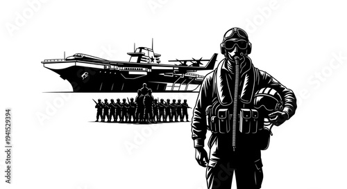 Military Pilot, Aircraft Carrier, and Soldiers in Formation - Vintage Style