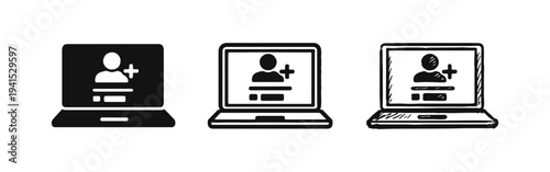 Laptop with Add User Profile Icons Set for Online Registration and Account Creation