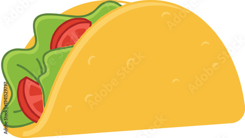 Mexican taco illustration with lettuce and tomato filling, delicious fast food vector icon isolated on background, street food concept