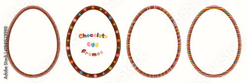 Chocolate Easter eggs vector frames with colorful sprinkles, cute oval borders for package design and backgrounds